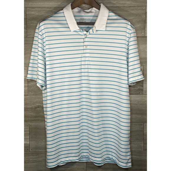 Nike Golf Polo Shirt Mens XL White Blue Striped Short Sleeve Dri-Fit EUC - Picture 1 of 7